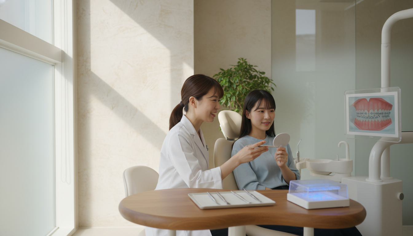 矯正治療前の歯科検診を受ける様子