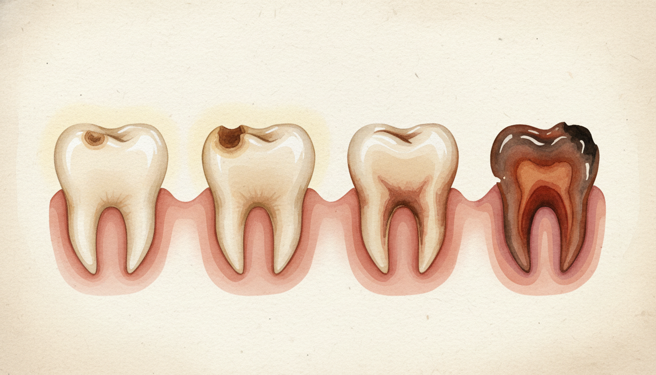 虫歯の進行段階を示す歯科イメージ