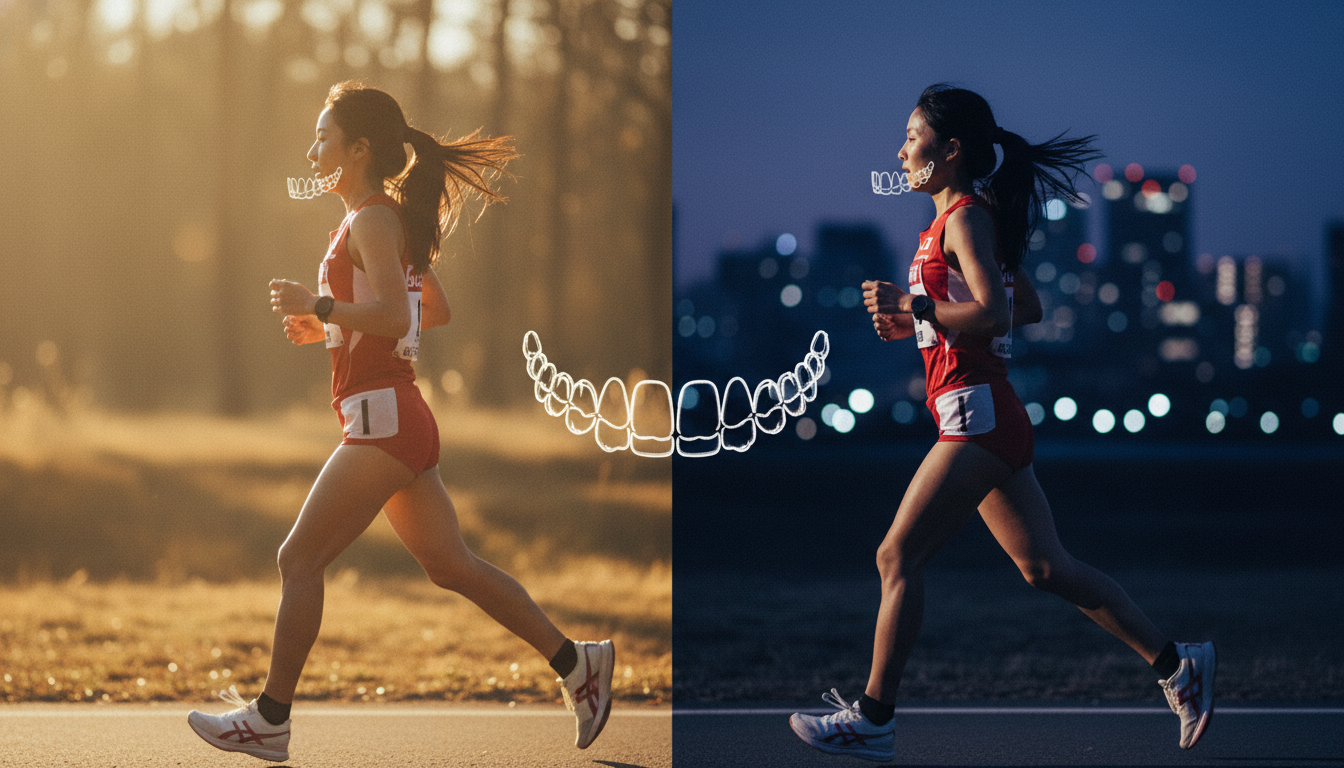 スポーツをする人物の横顔とマウスピース矯正装置のイメージ